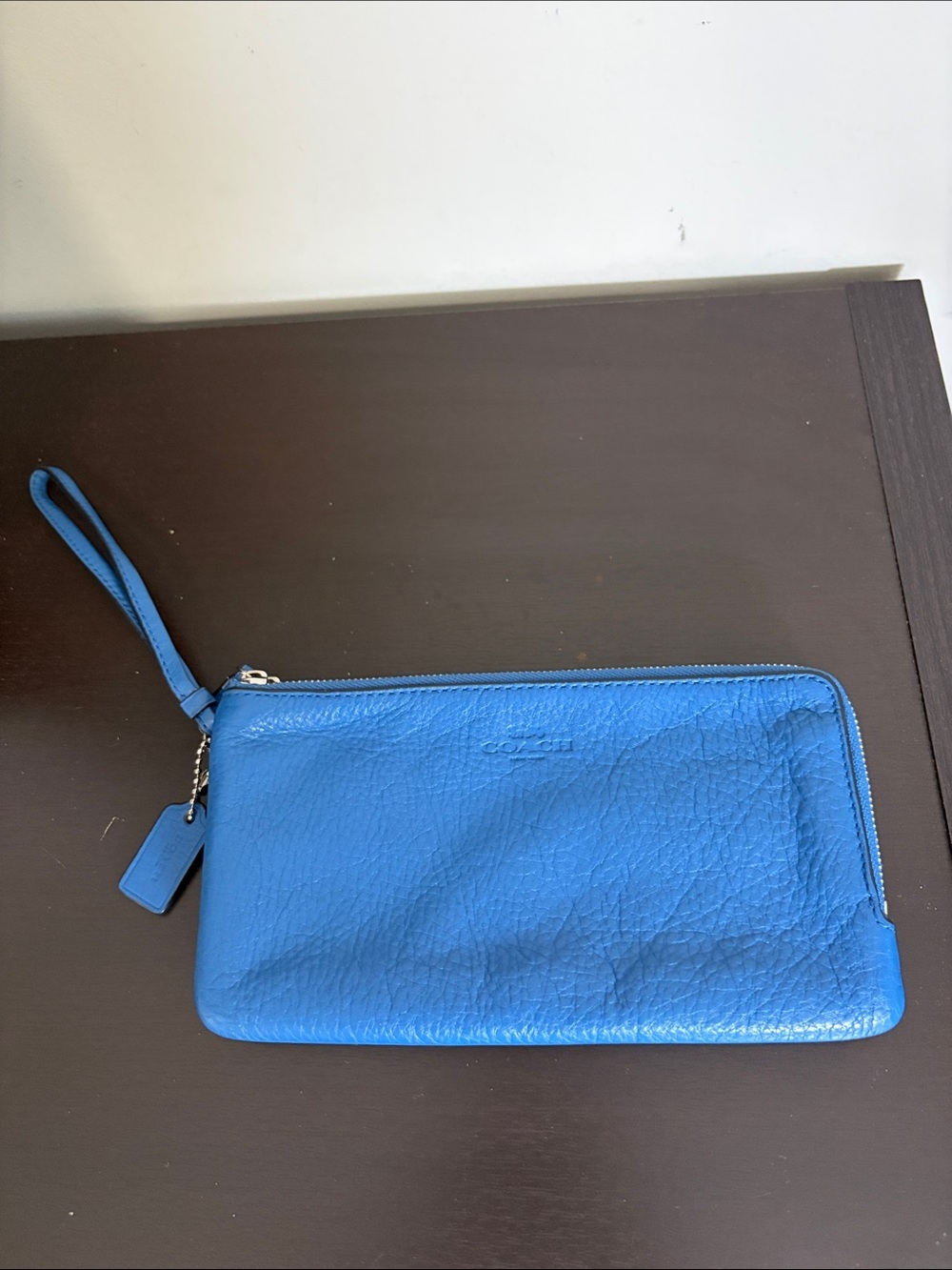 Coach pebbled leather double zip wristlet wallet charm blue pockets iPhone bag
